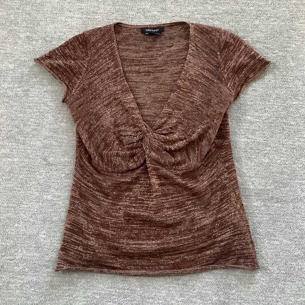 Karen Kane Metallic Gold and Brown Short Sleeve V-Neck Top Sz. M